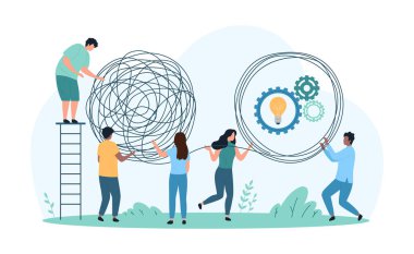 Karmaşık zor problemleri çözme süreci, psikoterapide basitlik. Küçük insanlar kaosu çözer ve birden fazla kablo düğümünü basit bir şekilde çözer. Ampul karikatür çizimi ile donanım.