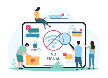 İnternet çevrimdışı, zayıf ya da çevrimiçi ağ sinyali yok. Büyüteci olan küçük insanlar, tablet ekrandaki kablosuz bağlantının hatalı uyarı mesajını inceleyip çizgi film vektör ilüstrasyonuna erişebilirler.