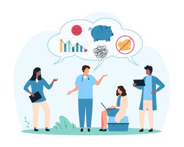 Tıp işçilerinin maaşlarında azalma. Düşük maaş için endişelenen küçük insanlar, üzgün doktorlar para ve tasarruf eksikliği hakkında düşünüyorlar, kırık domuz bankası çizgi film çizimleri.