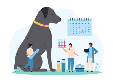 Hayvan aşısı, profesyonel veteriner kliniği ziyareti. Küçük insanlar aşı tarihini takvimde kontrol eder. Hemşire elinde şırıngayla büyük köpek karikatürü çizimi yapar.