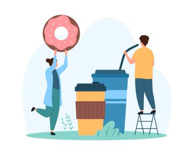 Fast food restoranı siparişi ve teslimatı. Plastik bardaktan soda içmek için kocaman bir çörek ve pipet tutan küçük insanlar. Karakterler tatlıyı ve çizgi film çizimleri çizmeyi severler.