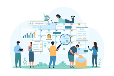 Program planlaması, takvim mobil uygulamasındaki iş görevlerinin yönetimi. Küçük insanlar olay tarihini hatırlatma kutusunu büyüteçle inceler, liste vektör illüstrasyonunu yapmak için çalışırlar