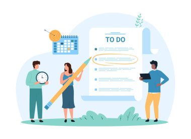 Listedeki iş görevlerinin planlanması ve yönetimi. Küçük insanlar kalem, inceleme ya da sınav formu, çizelge çizelgesi çizelgesi çizelgesi üzerinde notlar ve çizelge ile listeyi vurgularlar