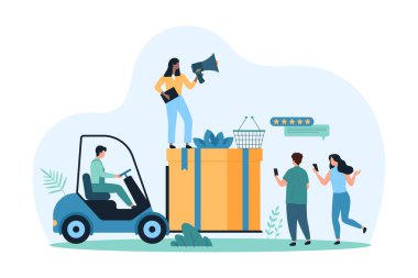 Marka ürün veya hizmet için reklam kampanyası, ödüller ve hediyeler, bağış. Forklift kullanan küçük insanlar, müşteriler için hediye taşıyan büyük bir kutu taşır, megafon çizgi film vektör ilüstrasyonunda yarışmayı duyururlar.