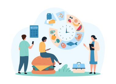 Diyet planlaması, yemek programı ve gün boyunca besin maddeleri. Sağlıklı menü dengesi için saat ve yemek listesi olan küçük insanlar çizelge planlayıcısı, hesap makinesi karikatür çizimi üzerindeki kalorileri sayar