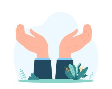 Yardım ve bakımı temsil eden küçük bitkilerle çevrili destekleyici bir jest için iki el kaldırıldı. Destek kavramı ve vektör illüstrasyonu.