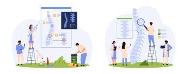 Omurilik hastalığının teşhisi, ortopedik rehabilitasyon ve manüel tedavi seti. Küçük insanlar kronik ağrıları olan insan omurgasının röntgenini araştırıyorlar, omurga ve yaralanma vektör çizimleri üzerinde çalışıyorlar.