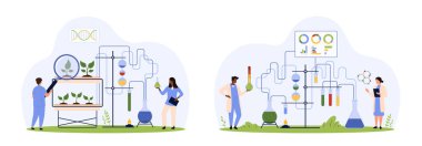 Bilim adamlarının hazırladığı genetik ve kimya üzerine bilim deneyi. Küçük insanlar büyüteçle yeşil lahanaları araştırıyorlar, laboratuvar karikatür vektör çiziminde kimyasal sıvının tepkisini inceliyorlar.