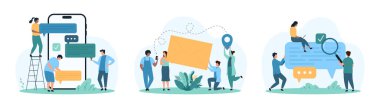Sohbet ve SMS bildirimi, e-posta dağıtım seti. Küçük insanlar konuşma baloncuklarını büyüteçle araştırıyorlar, içinde mektup ve cep telefonu ekranı çizim çizimleri olan bir zarf tutuyorlar.