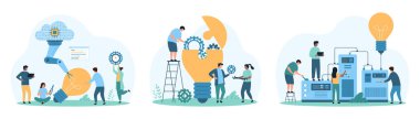 Yeni teknik çözüm, yenilik geliştirme ve optimizasyon seti. Küçük insanlar robotik kolu ve bulut hizmetleri ile ampul inşa eder, fabrika laboratuvar makinası çizim çizimi ile çalışır.