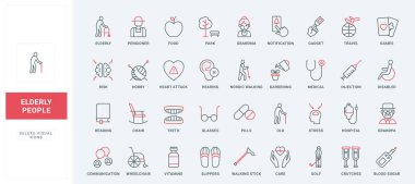 Yaşlı çizgi simgelerine dikkat edin. Büyükbaba ve büyükanne avatarları, yemek ve sağlık hizmetleri, jimnastik ve hijyen, stres ve kalp krizine yardım eder.