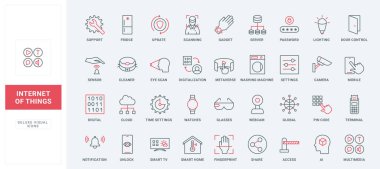 Akıllı ev otomasyonu, güvenlik hattı simgeleri ayarlandı. Özerk teknoloji hizmetlerinin dijital erişimi ve kontrolü, sunucuya veri paylaşımı, bulut ayarları ince siyah ve kırmızı ana hatlar vektör çizimi