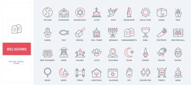 Hıristiyanlık ve Budizm, İslam ve Musevilik dini simgeleri belirlendi. Dini dua ve tapınak, kutsal kitap ve İslam takvimi, dua eden eller ince siyah ve kırmızı çizgili semboller vektör ilüstrasyonu