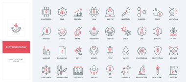 Genetik araştırma ve biyoteknoloji, laboratuvar mühendisliği ve bilim çizgisi ikonu seti. Biyokimya, DNA sarmalının yapısı ve ince kromozom siyah ve kırmızı çizgili semboller vektör ilülasyonu