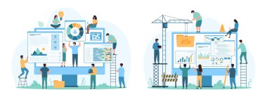 İnternet sitesi geliştirme seti. Küçük insanlar, bilgisayar monitörü vektör illüstrasyonunda inşaat vinci, video içerikli yazılım pencereleri, dizinler ve çizelgeler yardımıyla yeni bir site inşa ediyorlar.