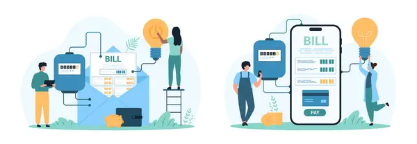 Elektrik faturası ödendi. Küçük insanlar elektrik sayaçlarını ve faturaları akıllı telefon ekranından ve kağıt zarflardan kontrol ederek bütçe karikatür vektör ilülasyonundan elektrik tüketimini karşılıyorlar.