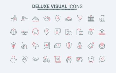Hayat ve sağlık sigortası, mülk ve evlilik çizgisi simgeleri. Aile için güvenlik kalkanı ve şemsiyesi, para transferi, kargo ve seyahat ince siyah ve kırmızı çizgili çizgili semboller vektör ilüstrasyonu