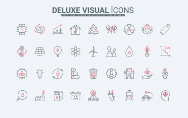 Sürdürülebilir kaynaklardan enerji üretimi, geri dönüşüm çizgisi simgeleri ayarlandı. Nükleer sanayi, güneş ve rüzgar santralleri için geliştirme stratejisi ince siyah ve kırmızı ana hatlar vektör çizimi