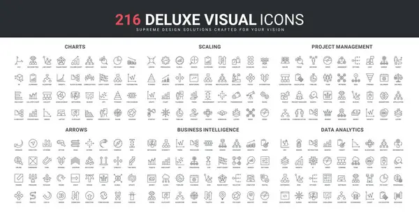 stock vector Business skills and intelligence, project management, size arrow and chart line icon set. Risk and difference analysis, algorithms and data processing thin black outline symbols vector illustration