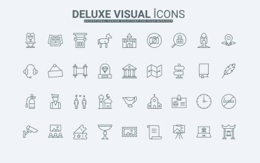 Heykel, heykel ve ince siyah çizgili sembollerin resim koleksiyonu. Şehir müzesi sergisi ve binası, tarih ve kültür mirası galerisi, arkeoloji çizgisi simgeleri.