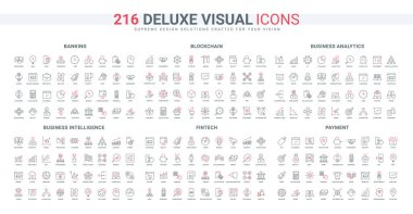 Mali analiz, nakit ödeme ve çevrimiçi hat ikonu seti. İş büyüme çizgisi simgesi için algoritmalar, alternatifler ve eğilimler araştırması ince siyah ve kırmızı ana hatlı vektör çizelgeleri belirledi