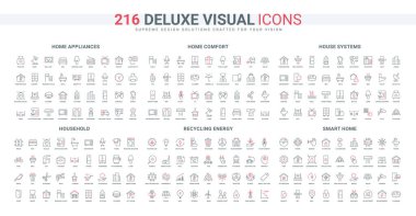 Elektrikli aletler ve iş aletleri, oyunlar ve evde yemek pişirme, akıllı sistem çizgisi simgesi seti. Mutfak gereçleri, geri dönüşüm enerjisi ve eko zihniyeti ince siyah ve kırmızı ana hat sembolleri vektör illüstrasyonları