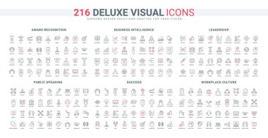 Başarı ve liderlik kariyerinin gelişimi, onur ödülleri, konuşma hattı ikonu seti. İş zekası, takım iletişimi, işyeri kültürü ince siyah ve kırmızı ana hatlar vektör gösterimi