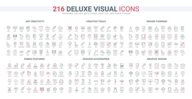 Sanat ve grafik tasarımı için yaratıcı araçlar, moda kıyafetlerinin kumaş özellikleri, aksesuar çizgisi simgesi seti. Sanatçının yaratıcılığı ve modern düşüncesi ince siyah ve kırmızı ana hatlı semboller vektör illüstrasyonu