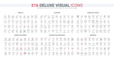 Yaratıcı yazılım ve araç, düğün, güzellik kozmetik çizgisi ikonu seti. Moda plajı kıyafetleri, aksesuarlar ve ayakkabılar için alışveriş, kumaş özelliği ince siyah ve kırmızı ana hatlar vektör illüstrasyonları