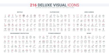 Moda kıyafetleri boyut ölçüm rehberi, çevre ve iklimin korunması, spor salonu ikonu seti. ESG, sıfır karbon enerji teknolojisi ince siyah ve kırmızı ana hatlar vektör çizimi