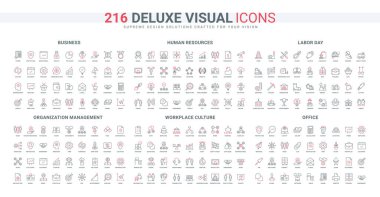 İş ve İnsan Kaynakları, ofis kültürü, iletişim algoritmaları ve çatışma hattı simgesi seti. İşçi Bayramı, güvenlik endüstrisi araçları, alet çantası, ekipman ince siyah ve kırmızı ana hat sembolleri vektör ilülasyonu