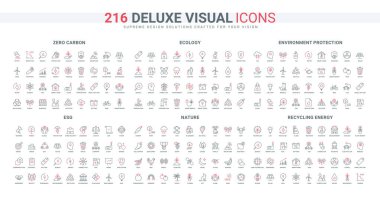 Doğa, bitki örtüsü ve yeryüzünün faunası, ekoloji koruma hattı ikonu seti. ESG ve geri dönüşüm, atık sıralama, eko zihniyet ve çevre için bakım ince siyah ve kırmızı dış hat sembolleri vektör ilüstrasyonu