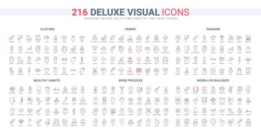 Sağlıklı vücut ve zihin alışkanlığı, yaşam denge çizgisi simgesi seti. İnsan ve yapay zeka başlığı, kumaşlar ve moda ince siyah ve kırmızı çizgili semboller vektör illüstrasyonunda beyin fırtınası ve yazar fikirleri