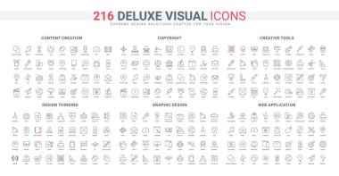 İçerik oluşturma ve sosyal medya takipçileri ve beğeni, yaratıcı araçlar, web uygulamaları ve hizmet satırı simgesi seti. Fikir için telif hakkı koruması ince siyah ve kırmızı dış hat sembolleri vektör illüstrasyonu