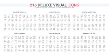 Blog gönderimi, pazarlama ve reklamlar için video ve ses içeriği, tasarımcı düşünce çizgisi simgesi seti. Yanıtlı kullanıcı arayüzü, dosyaları güncelle ve paylaş ince siyah ve kırmızı ana hat çizim sembolleri vektör çizimi