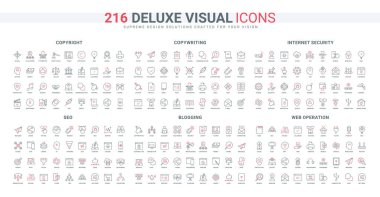 SEO filtreleri ve sunucu, yazarın içeriğinin telif hakkı, blog gönderileri ve blog satırı simgesi seti için takvim ve kalem. Web işletimi ve metin yazımı ince siyah ve kırmızı dış hat sembolleri vektör illüstrasyonu