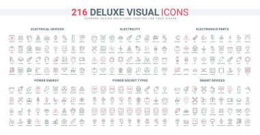 Modern akıllı ev aletleri ve otomasyon, uluslararası tip prizler ve prizler, elektrik hattı simgesi seti. Elektrik devresi parçaları ince siyah ve kırmızı ana hatlar vektör çizimi