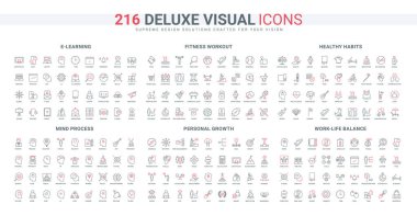 Ticari beceri artışı, spor çalışması, eğitim, zihin süreci ve düşünme çizgisi simgesi seti. Sağlıklı gıda ve günlük rutin stres ve denge ince siyah ve kırmızı çizgili semboller vektör çizimi