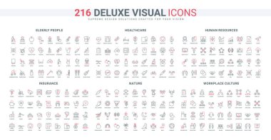 Sigorta belgeleri, doğa, işyeri organizasyonu ve kültür çizgisi ikonu seti. Tıbbi ve sosyal destek, yaşlı insanların sağlık hizmetleri, ince siyah ve kırmızı çizgili semboller, vektör çizimleri.