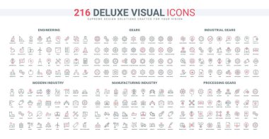 Üretim, işletim sisteminin çember dişlileri optimizasyon ve kişiselleştirme, mühendislik çizgisi simgesi seti. Endüstri, arama fikirleri ve ince siyah ve kırmızı ana hatlı semboller çizimi