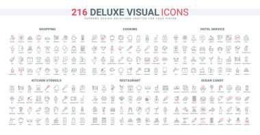 Mutfak gereçleri, şeker ve pasta, restoran malzemeleri ve yiyecek ikonu seti. Otel konaklama ve resepsiyon servisi, alışveriş favorileri ince siyah ve kırmızı ana hatlı vektör çizimleri