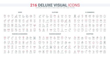 Moda makyaj malzemeleri, kozmetik malzemeleri, oklar, alışveriş fiyatları ve indirimli ürün seti. Aksesuar ve giysiler, ekommerce düzeni koruması ince siyah ve kırmızı ana hatlar vektör illüstrasyonları