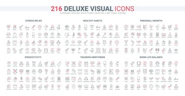 İyi alışkanlıklar, verimlilik için görev yönetimi, eğitim hattı simgesi seti. Kişisel beceriler geliştirmek için dijital detoks ve iş hayatı dengesi, büyüme ince siyah ve kırmızı ana hatlı vektör çizimi illüstrasyonu