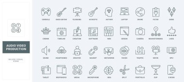 Yaratıcı için proje organizasyonunun hizmetleri, düzenleyici araçlar ince siyah ana hatlı semboller vektör illüstrasyonu. Video ve ses üretimi, sosyal medya çizgisi simgelerinde paylaşılacak içerik oluşturulması.