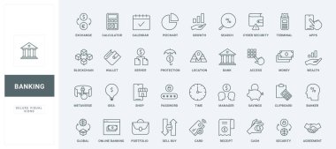 Nakit para ya da ödeme için kredi kartı, kağıt fatura ve alım-satım finansal güvenliği, zenginlik büyümesi ince siyah ana hatlar vektör çizimi. Çevrimiçi bankacılık, finans hattı simgeleri ayarlandı.