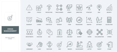 Zaman para stratejisi, bütçe dengesi ve risk koruması için şirket ekiplerinin işbirliği, ince siyah ana hatlı semboller vektör illüstrasyonudur. Kriz yönetim çizgisi simgeleri ayarlandı.