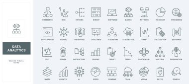 İnce siyah ana hatlı semboller vektör illüstrasyonunu ara ve birleştir. Veri analizi ve araştırma, finansal analiz ve analistlerin takım çizgisi simgeleri tarafından borsa eğilimi izleme seti.