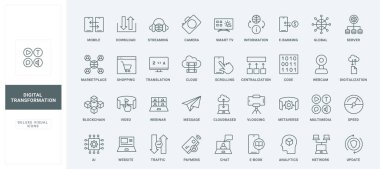 Dijital veri ve yapay zeka hizmetleri, yazılım mühendisliği ve geliştirme çizgisi simgeleri için akıllı çözüm kümesi. Küresel bilgi alışverişi ve ince siyah ana hatlı vektör çizelgelerini değiştirme.