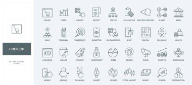 Biyometrik tanıma, borsa eğilimleri ince siyah ana hatlı semboller vektör illüstrasyonları. Dijital cüzdan ve banka hesabı ile çevrimiçi ödeme, para yatırımı ve tasarruf çizgisi simgeleri ayarlandı.