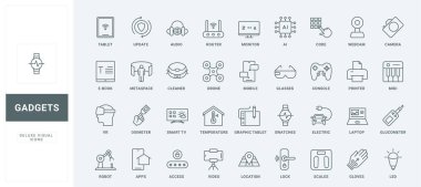 Telefon ve tabletin mobil uygulamaları, video ve ses elektronik cihazları için erişim ve veri güncellemesi ince siyah ana hatlı vektör çizimi. Yapay zeka çizgisi simgeleri kullanan akıllı ekipman.